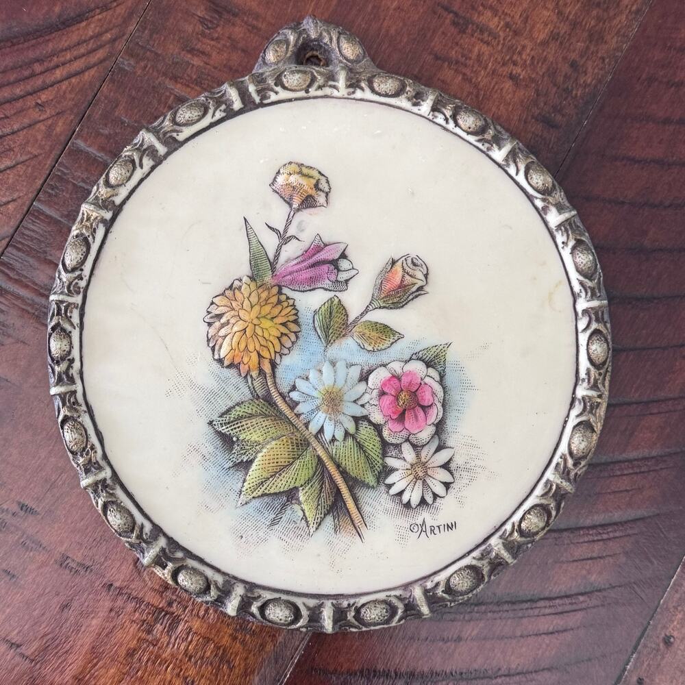 4D Sculptured Floral Wall Art Artini Hand Painted Twin Etched #10050 Vintage